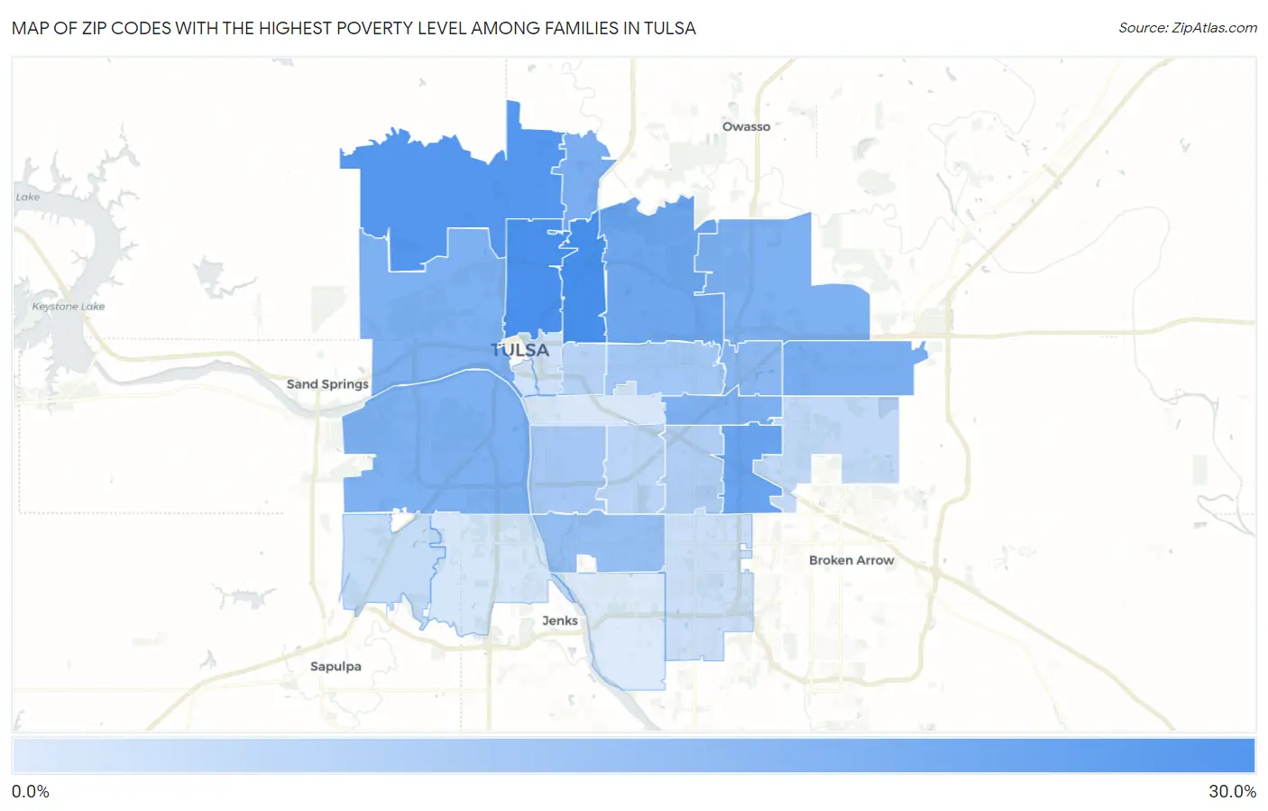 Zip Codes with the Highest Poverty Level Among Families in Tulsa Map