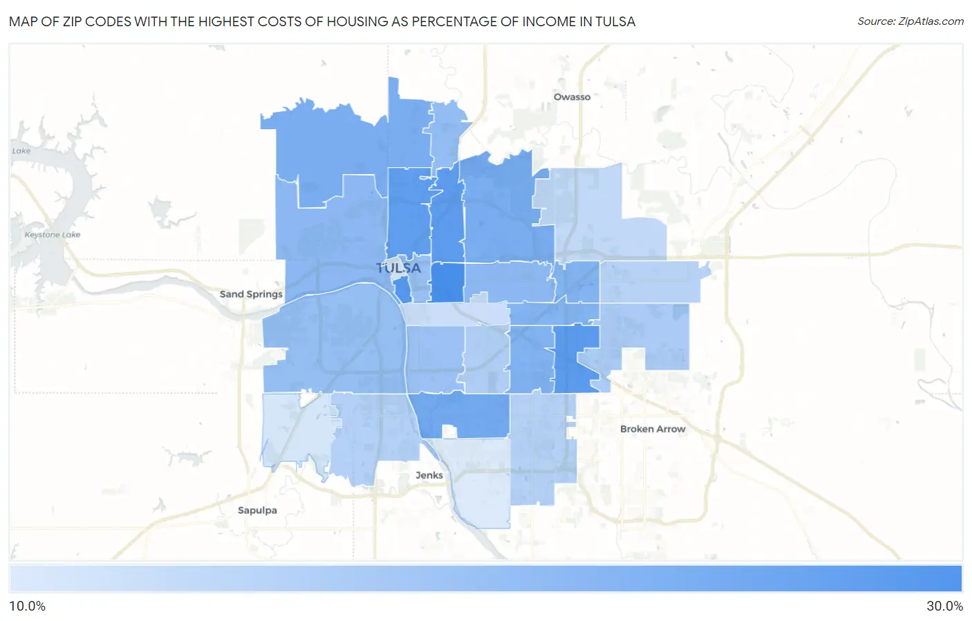 Zip Codes with the Highest Costs of Housing as Percentage of Income in Tulsa Map