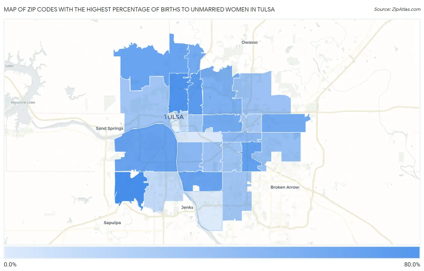 Zip Codes with the Highest Percentage of Births to Unmarried Women in Tulsa Map