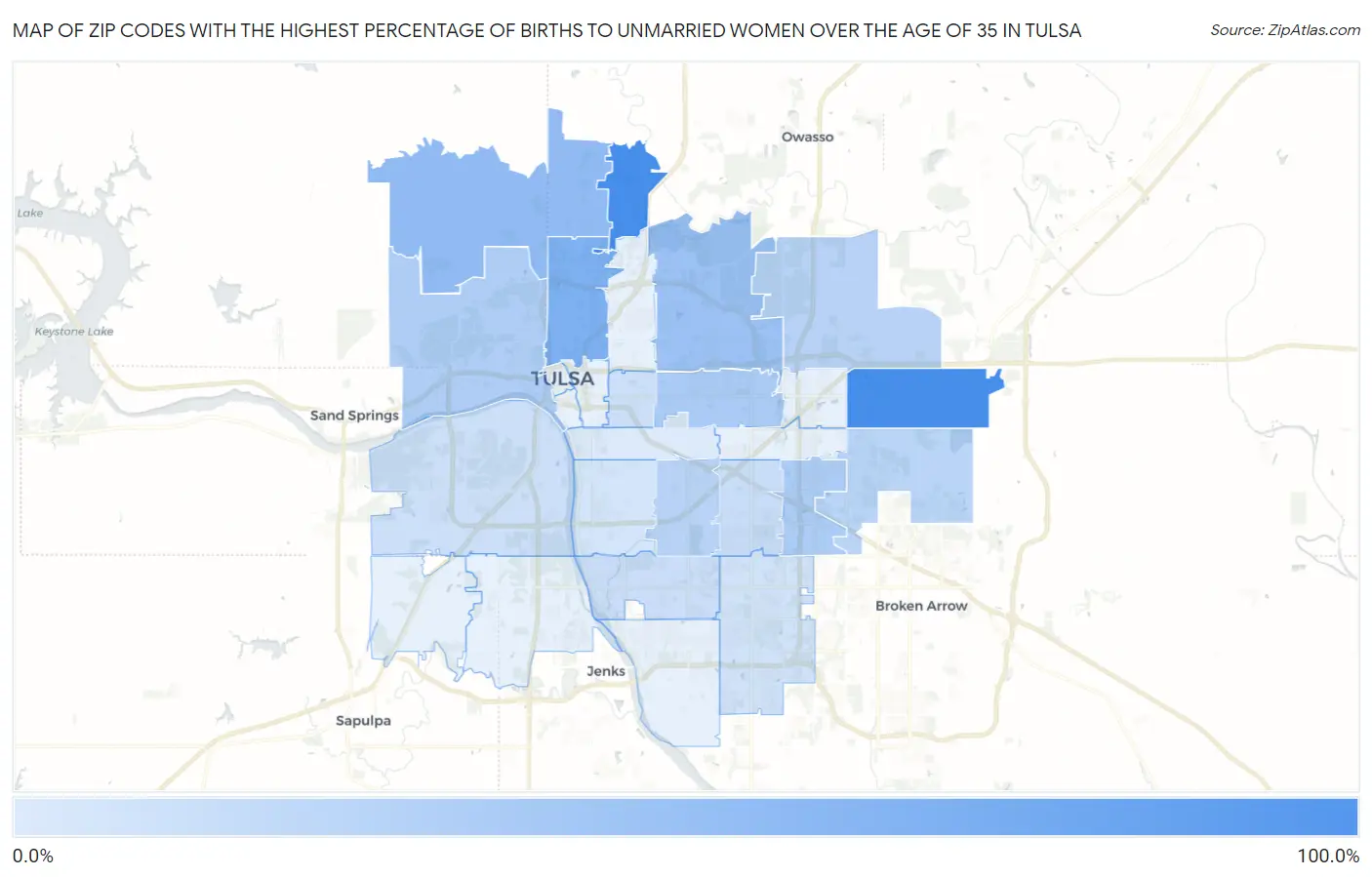 Zip Codes with the Highest Percentage of Births to Unmarried Women over the Age of 35 in Tulsa Map