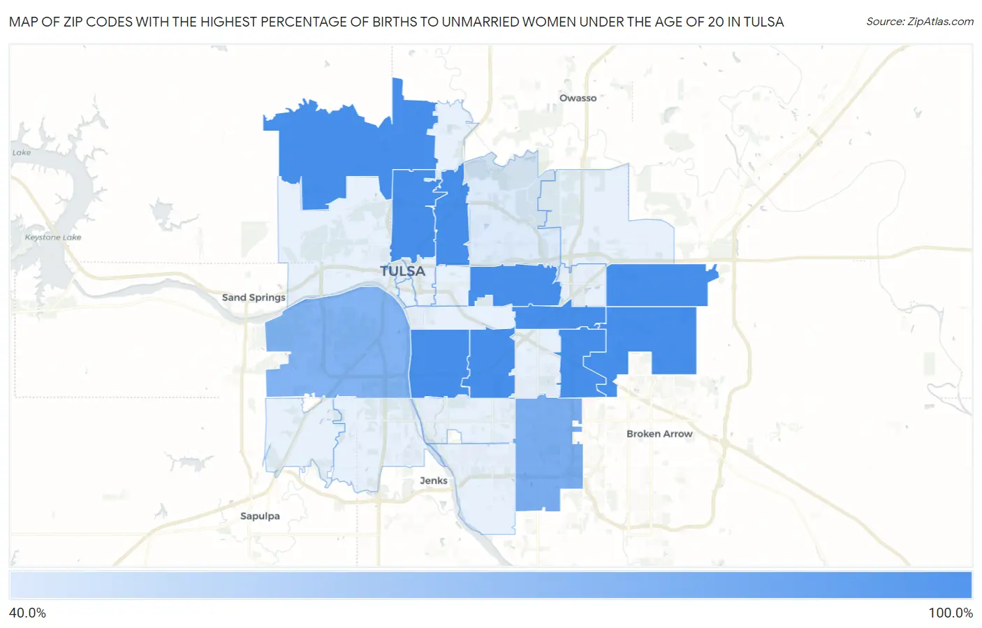 Zip Codes with the Highest Percentage of Births to Unmarried Women under the Age of 20 in Tulsa Map