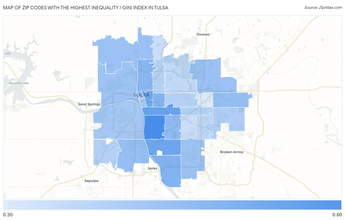Zip Codes with the Highest Inequality / Gini Index in Tulsa Map