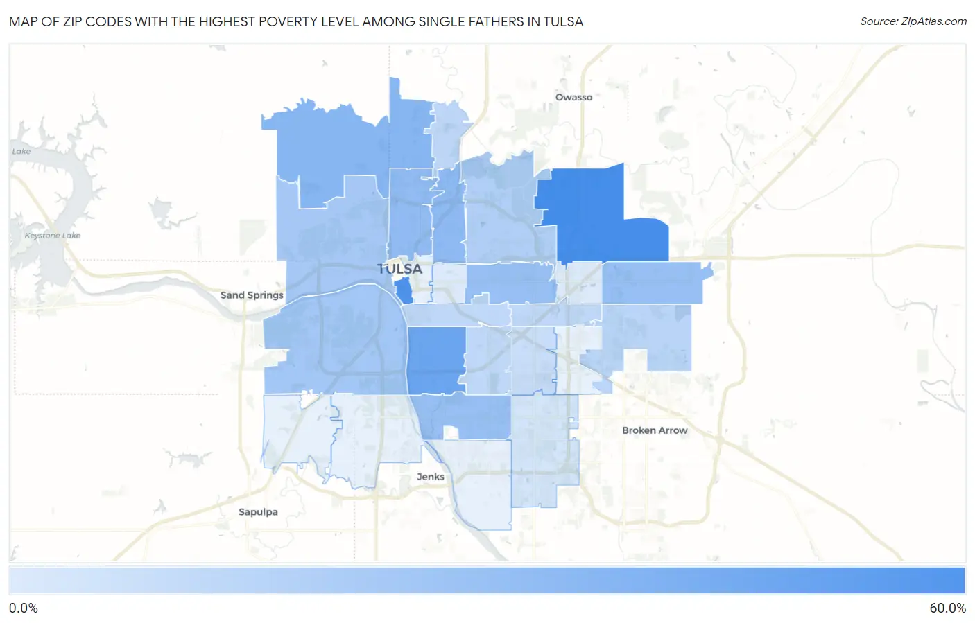 Zip Codes with the Highest Poverty Level Among Single Fathers in Tulsa Map