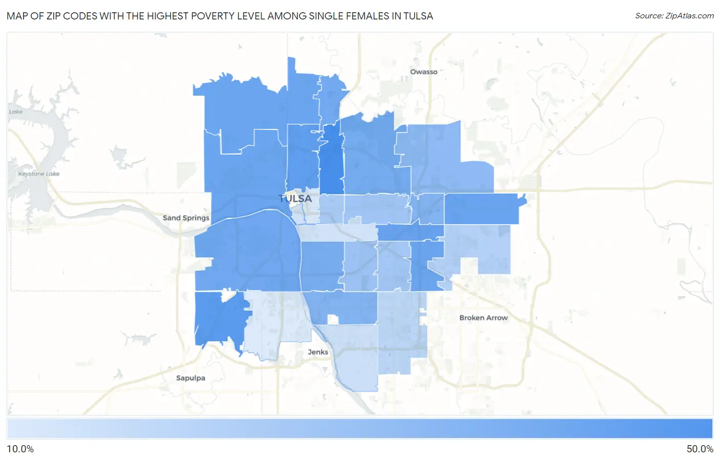 Zip Codes with the Highest Poverty Level Among Single Females in Tulsa Map