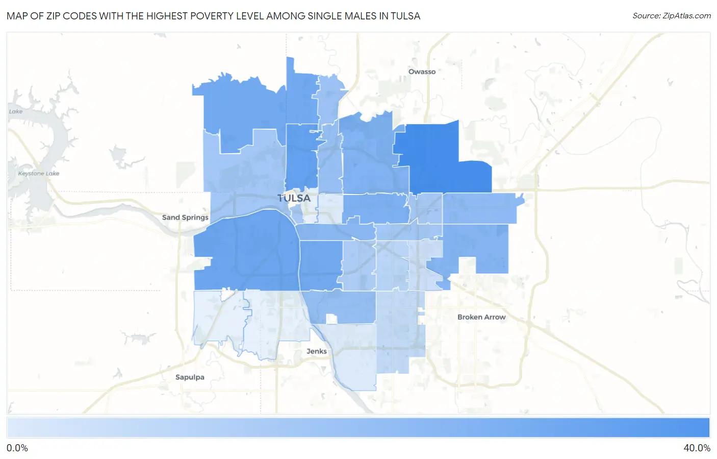 Zip Codes with the Highest Poverty Level Among Single Males in Tulsa Map