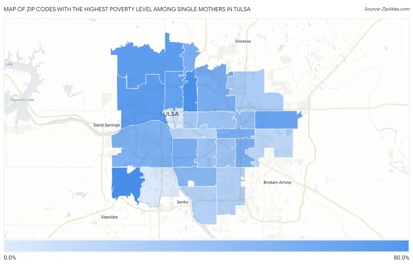 Zip Codes with the Highest Poverty Level Among Single Mothers in Tulsa Map