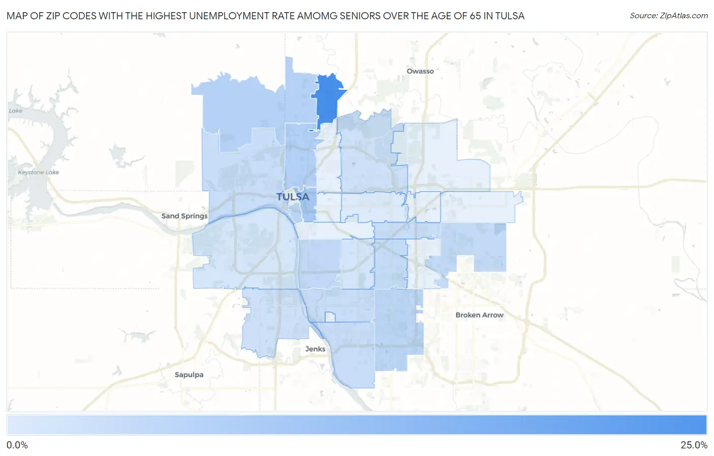 Zip Codes with the Highest Unemployment Rate Amomg Seniors Over the Age of 65 in Tulsa Map
