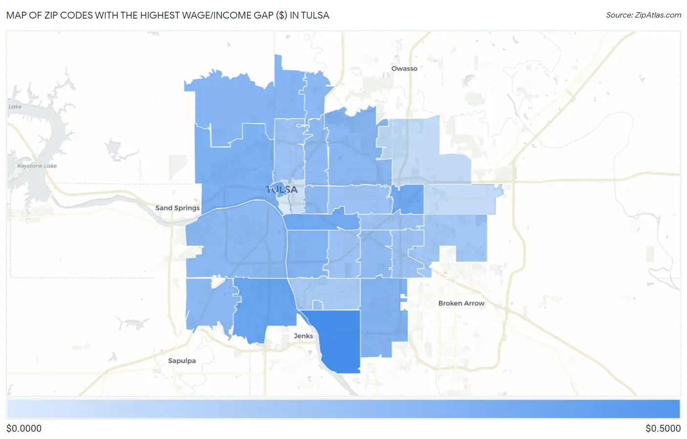 Zip Codes with the Highest Wage/Income Gap ($) in Tulsa Map