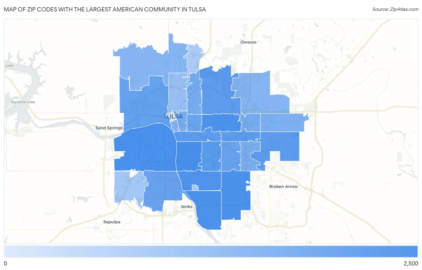 Zip Codes with the Largest American Community in Tulsa Map