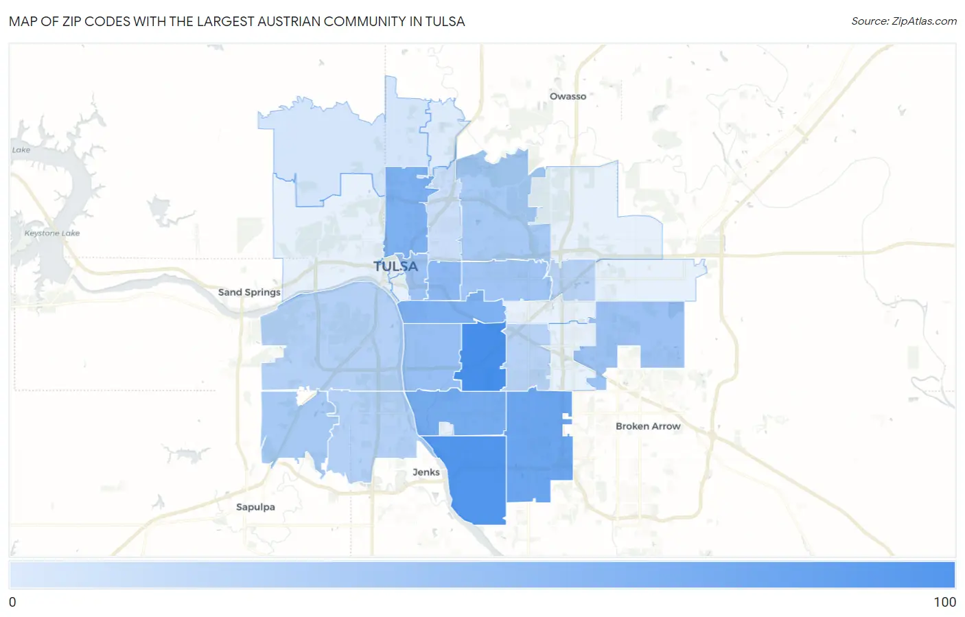 Zip Codes with the Largest Austrian Community in Tulsa Map