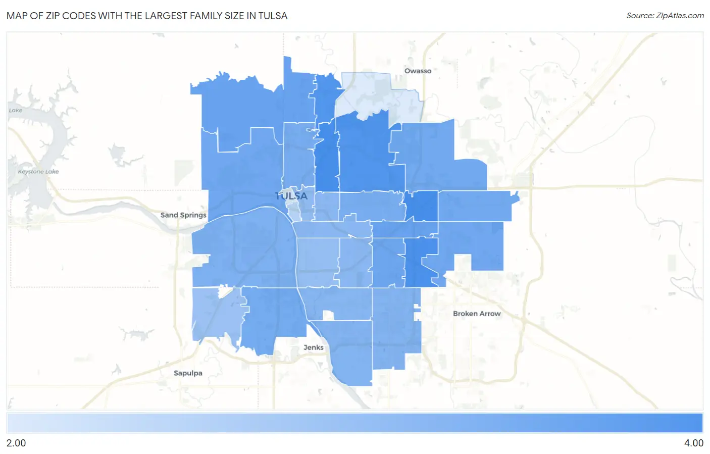 Zip Codes with the Largest Family Size in Tulsa Map