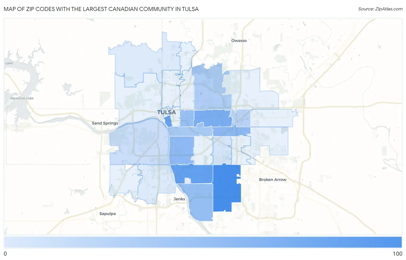 Zip Codes with the Largest Canadian Community in Tulsa Map