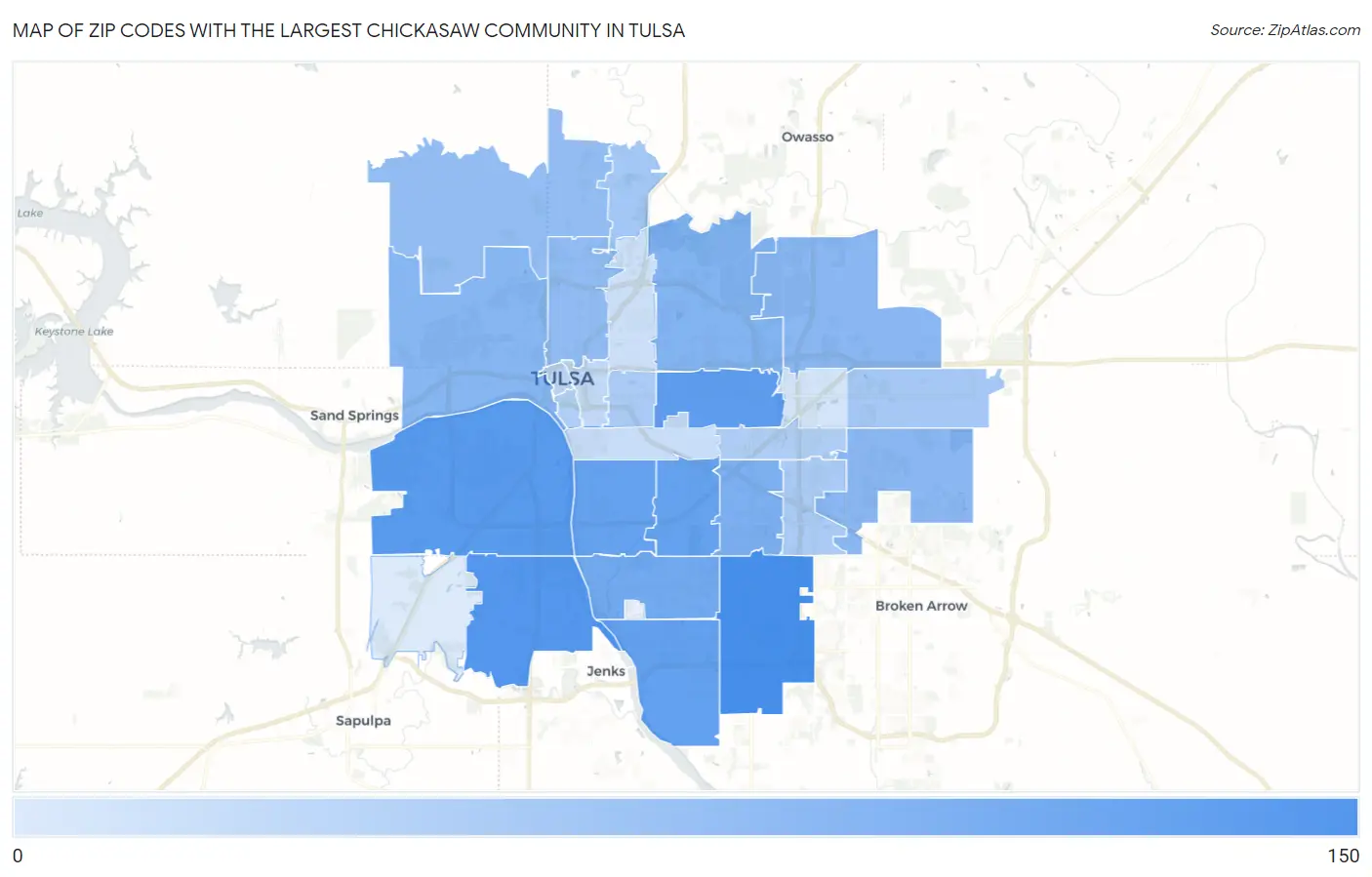Zip Codes with the Largest Chickasaw Community in Tulsa Map
