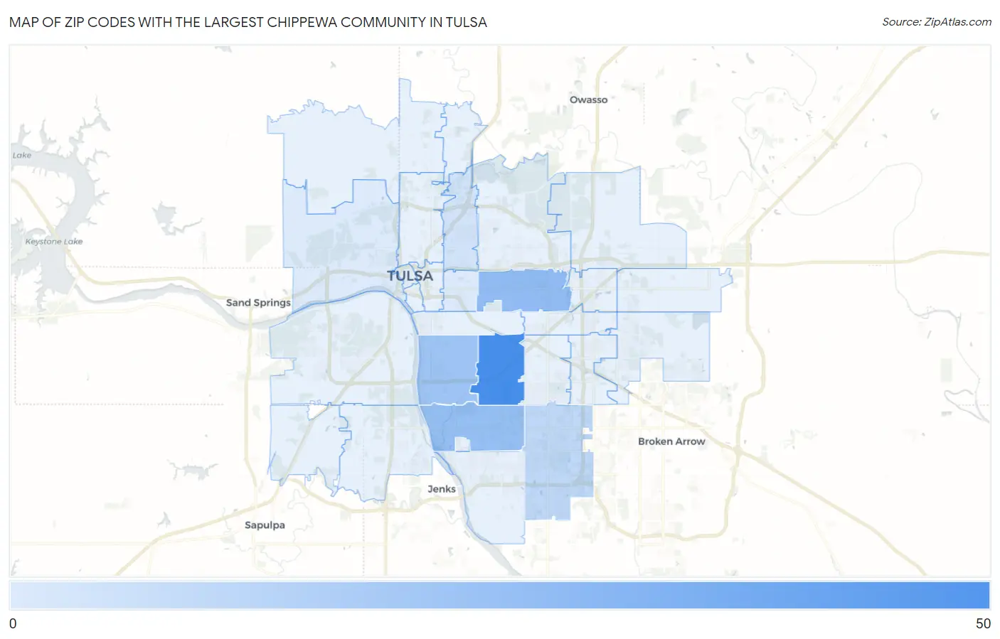 Zip Codes with the Largest Chippewa Community in Tulsa Map