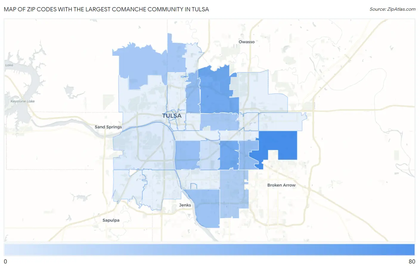 Zip Codes with the Largest Comanche Community in Tulsa Map