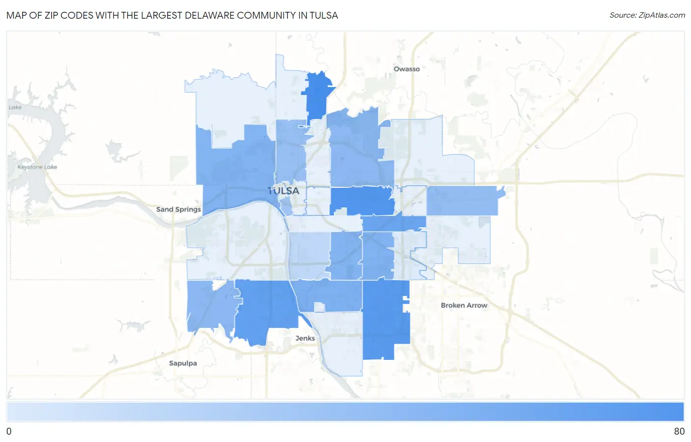 Zip Codes with the Largest Delaware Community in Tulsa Map