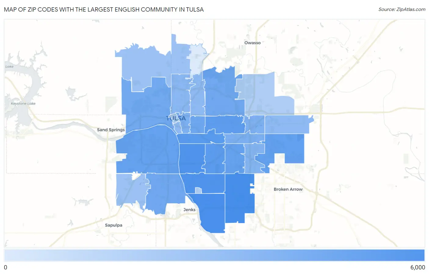 Zip Codes with the Largest English Community in Tulsa Map