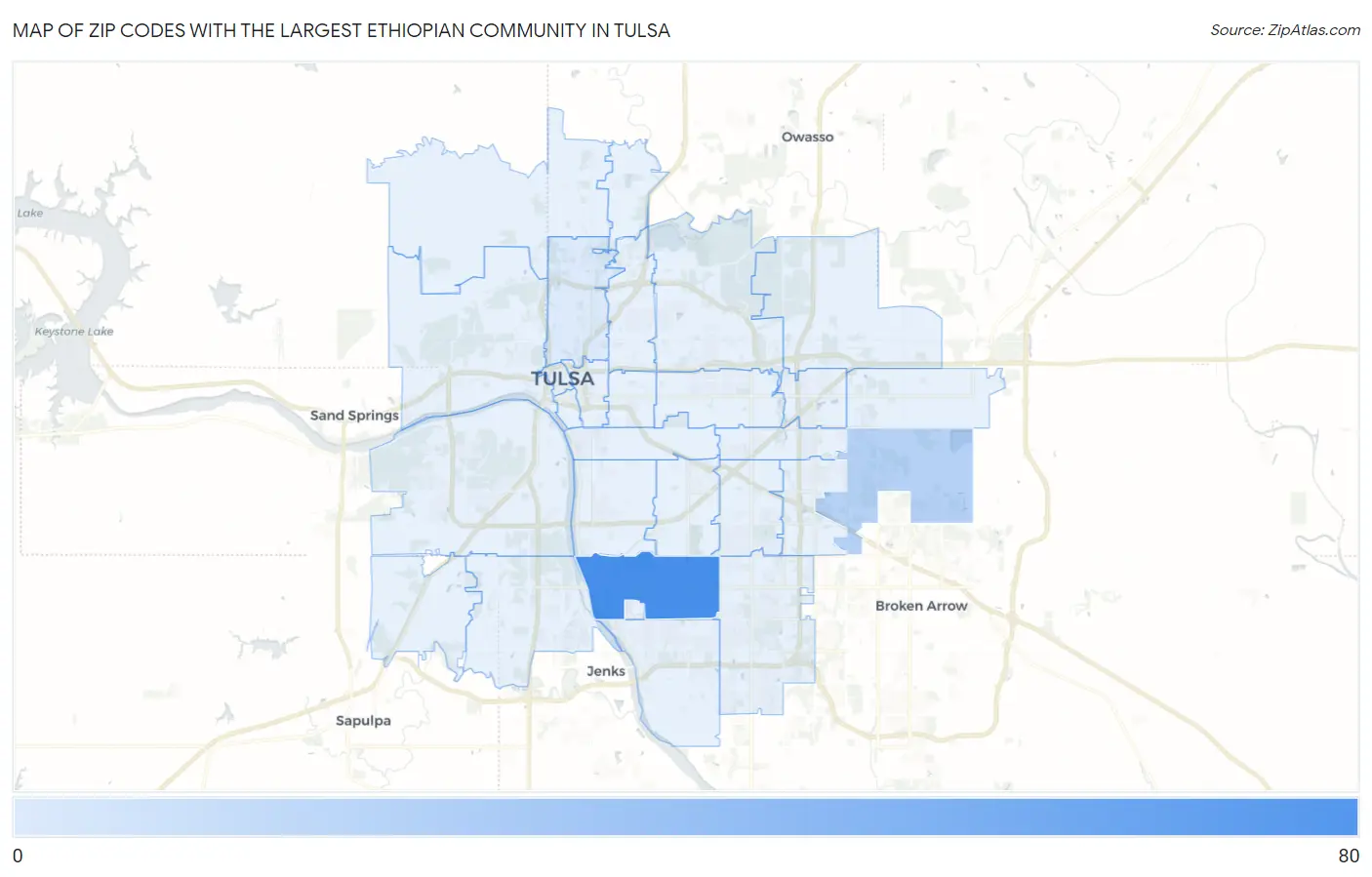Zip Codes with the Largest Ethiopian Community in Tulsa Map
