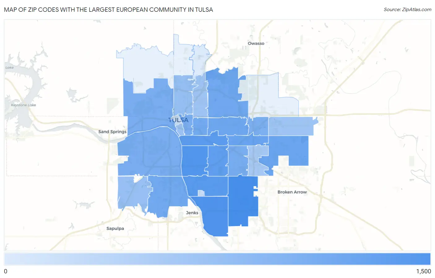 Zip Codes with the Largest European Community in Tulsa Map