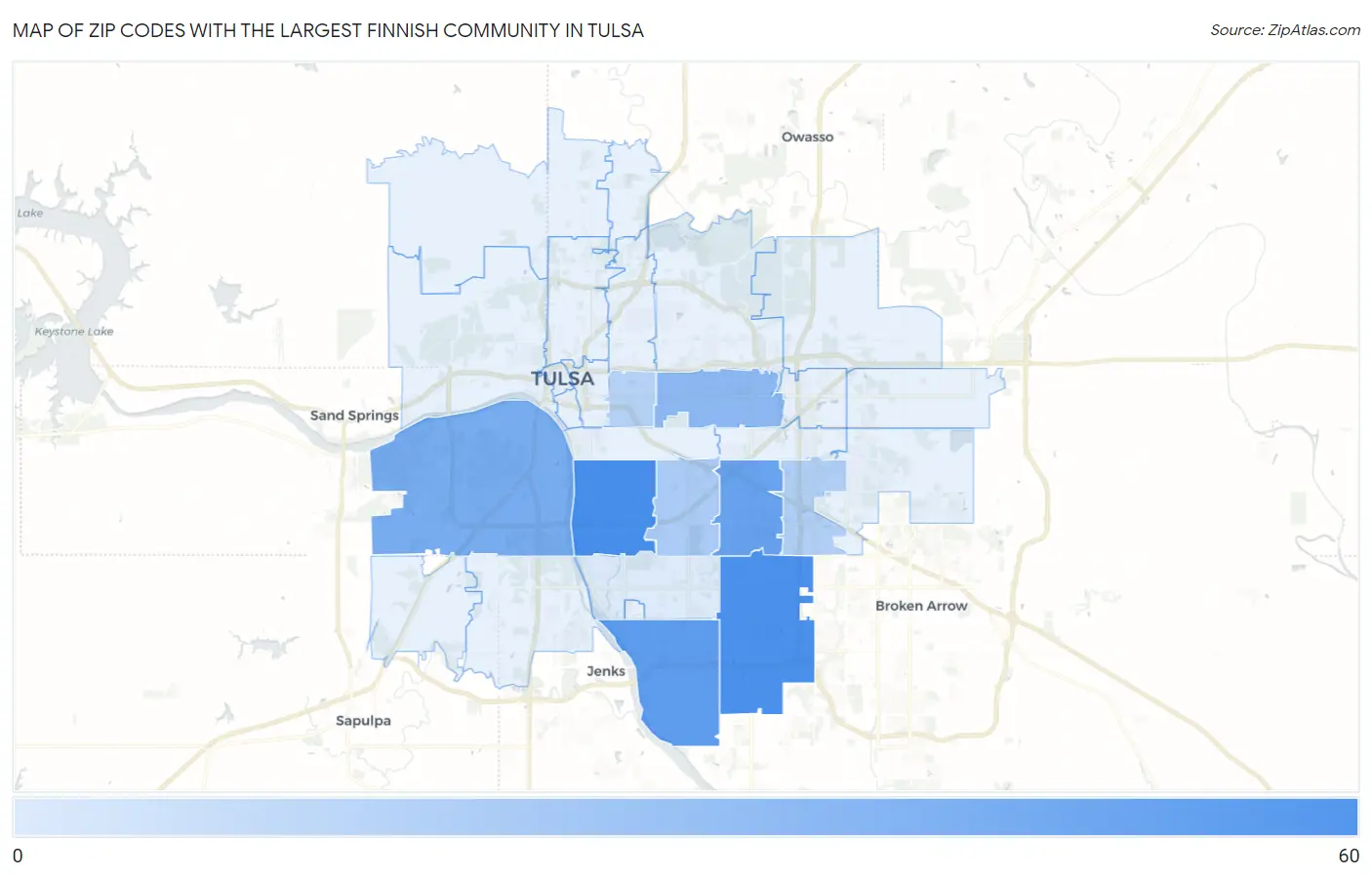 Zip Codes with the Largest Finnish Community in Tulsa Map