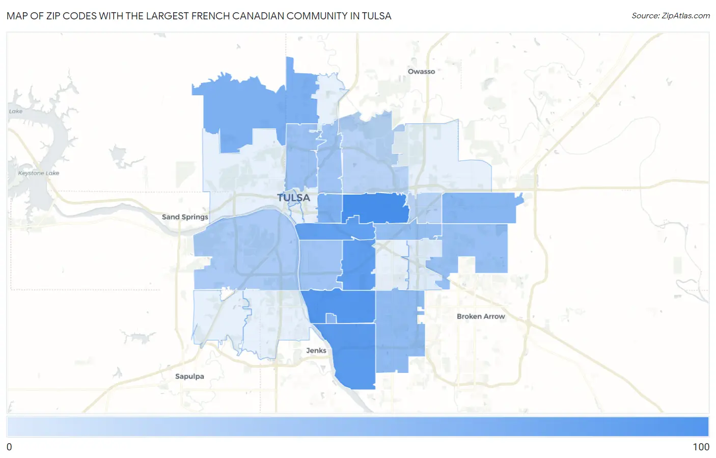 Zip Codes with the Largest French Canadian Community in Tulsa Map