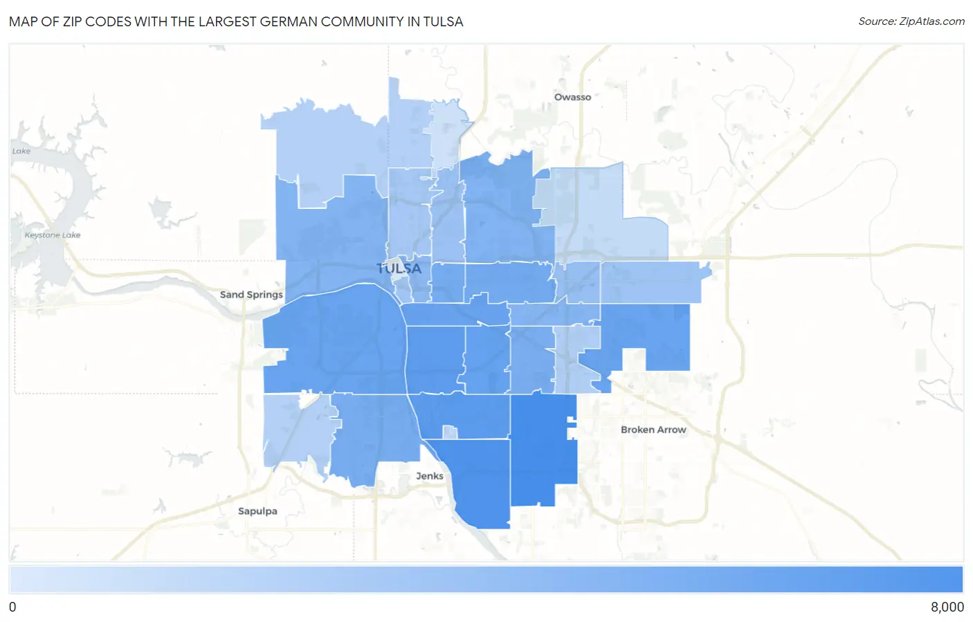 Zip Codes with the Largest German Community in Tulsa Map