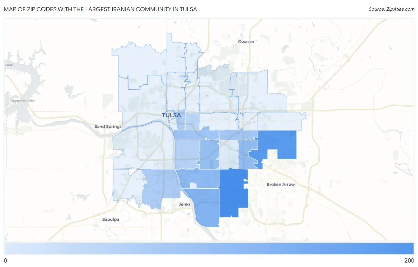 Zip Codes with the Largest Iranian Community in Tulsa Map