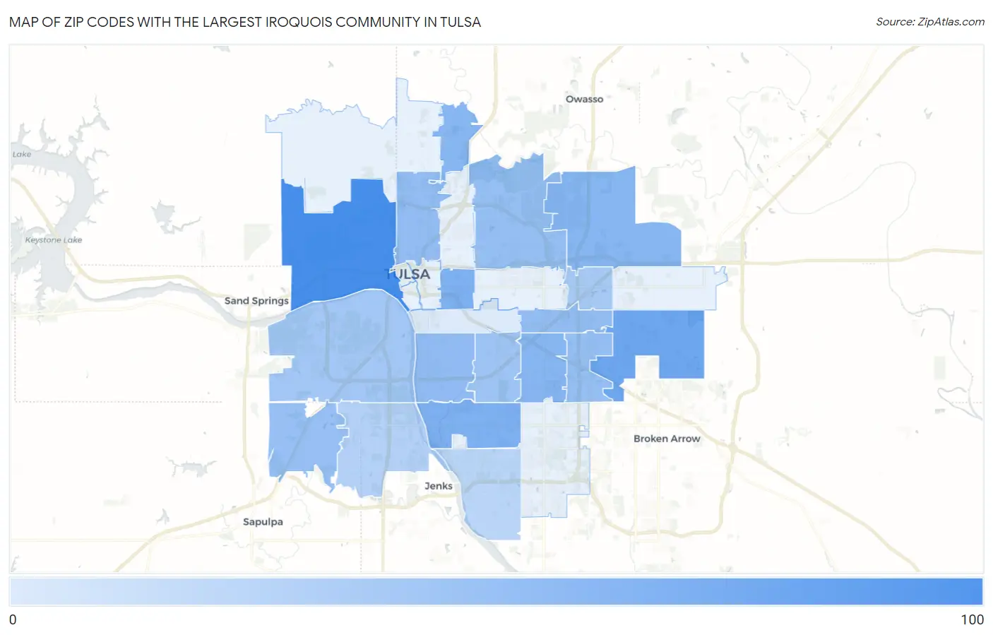 Zip Codes with the Largest Iroquois Community in Tulsa Map