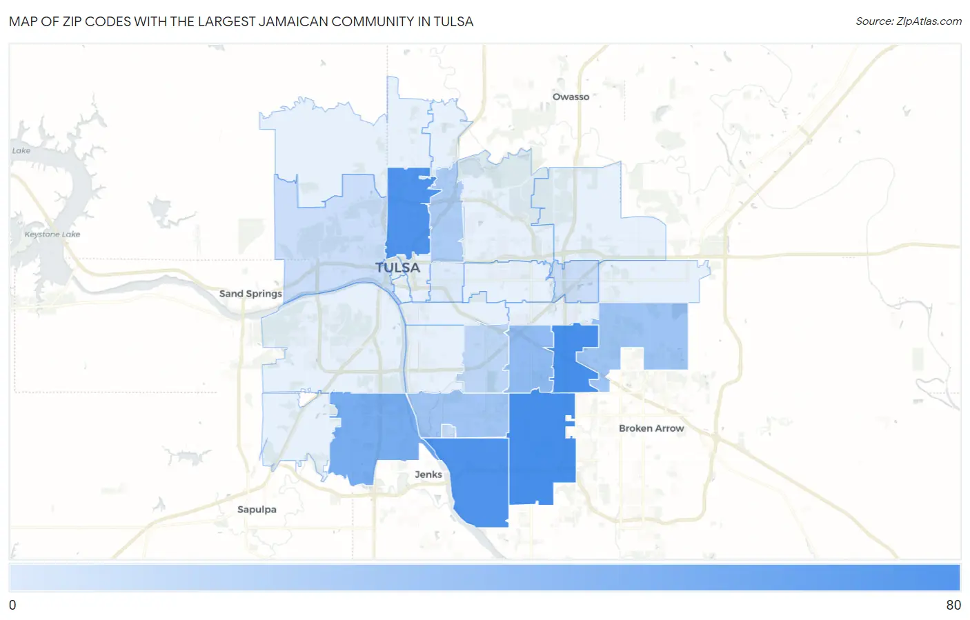 Zip Codes with the Largest Jamaican Community in Tulsa Map
