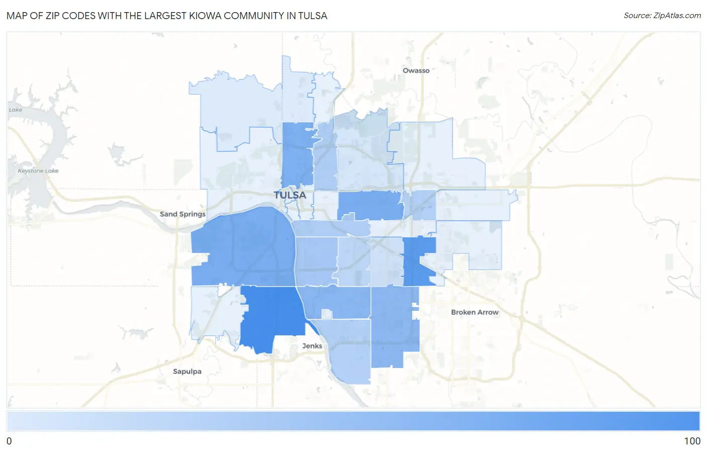 Zip Codes with the Largest Kiowa Community in Tulsa Map