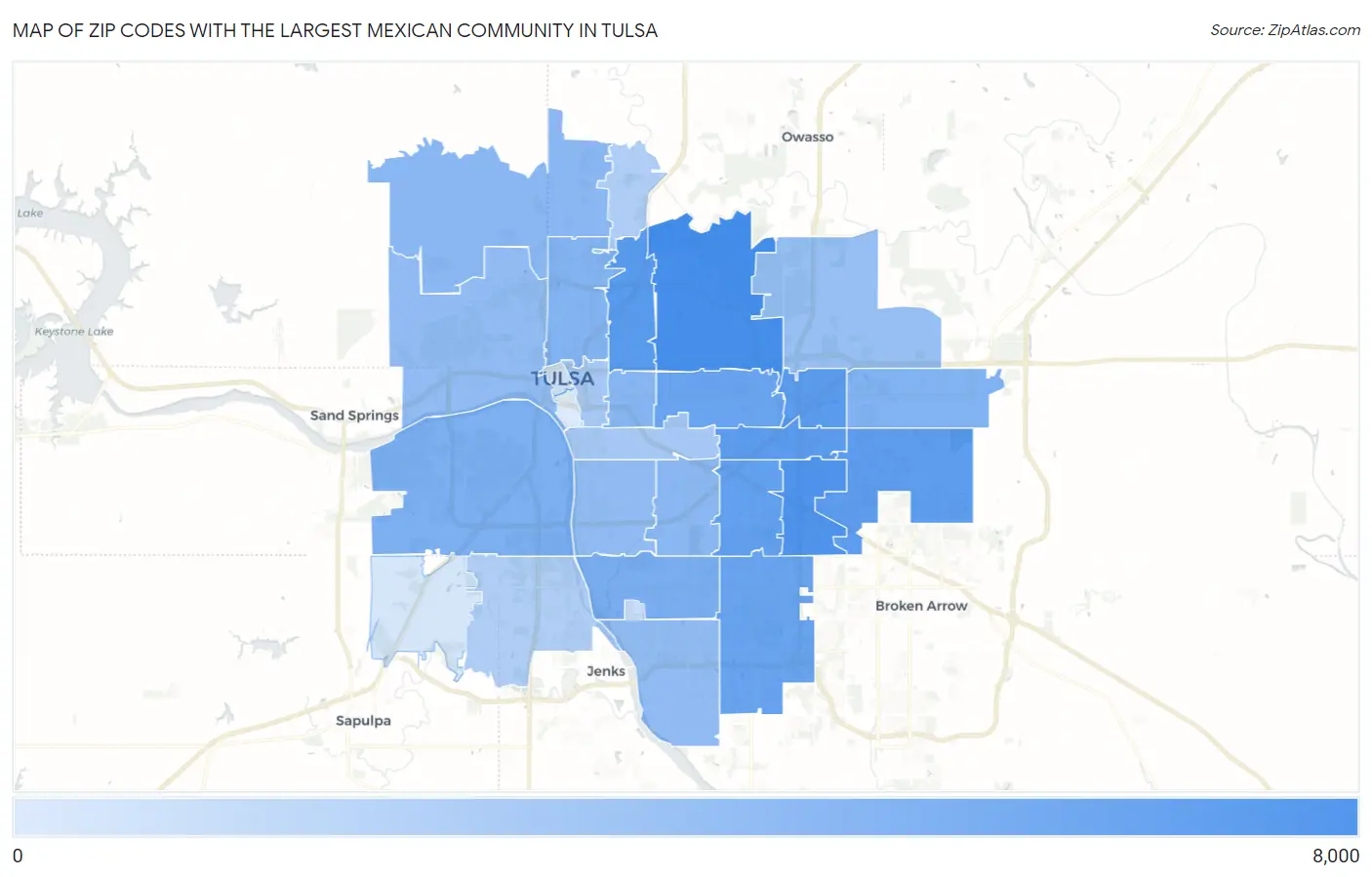 Zip Codes with the Largest Mexican Community in Tulsa Map