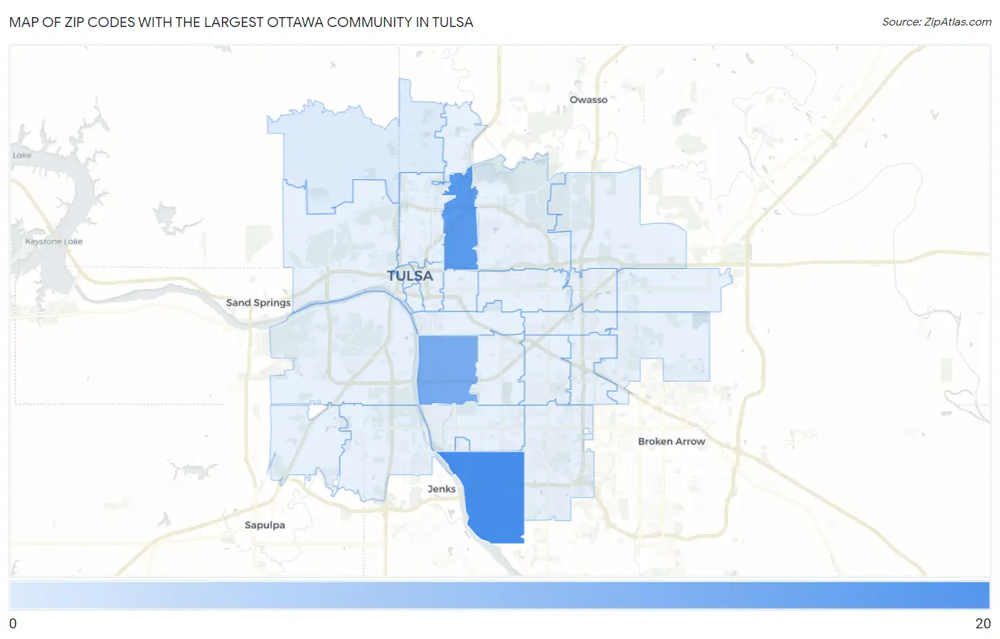 Zip Codes with the Largest Ottawa Community in Tulsa Map