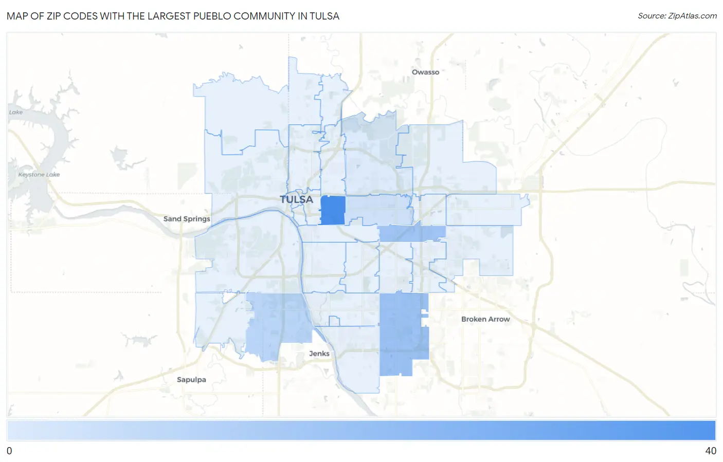 Zip Codes with the Largest Pueblo Community in Tulsa Map