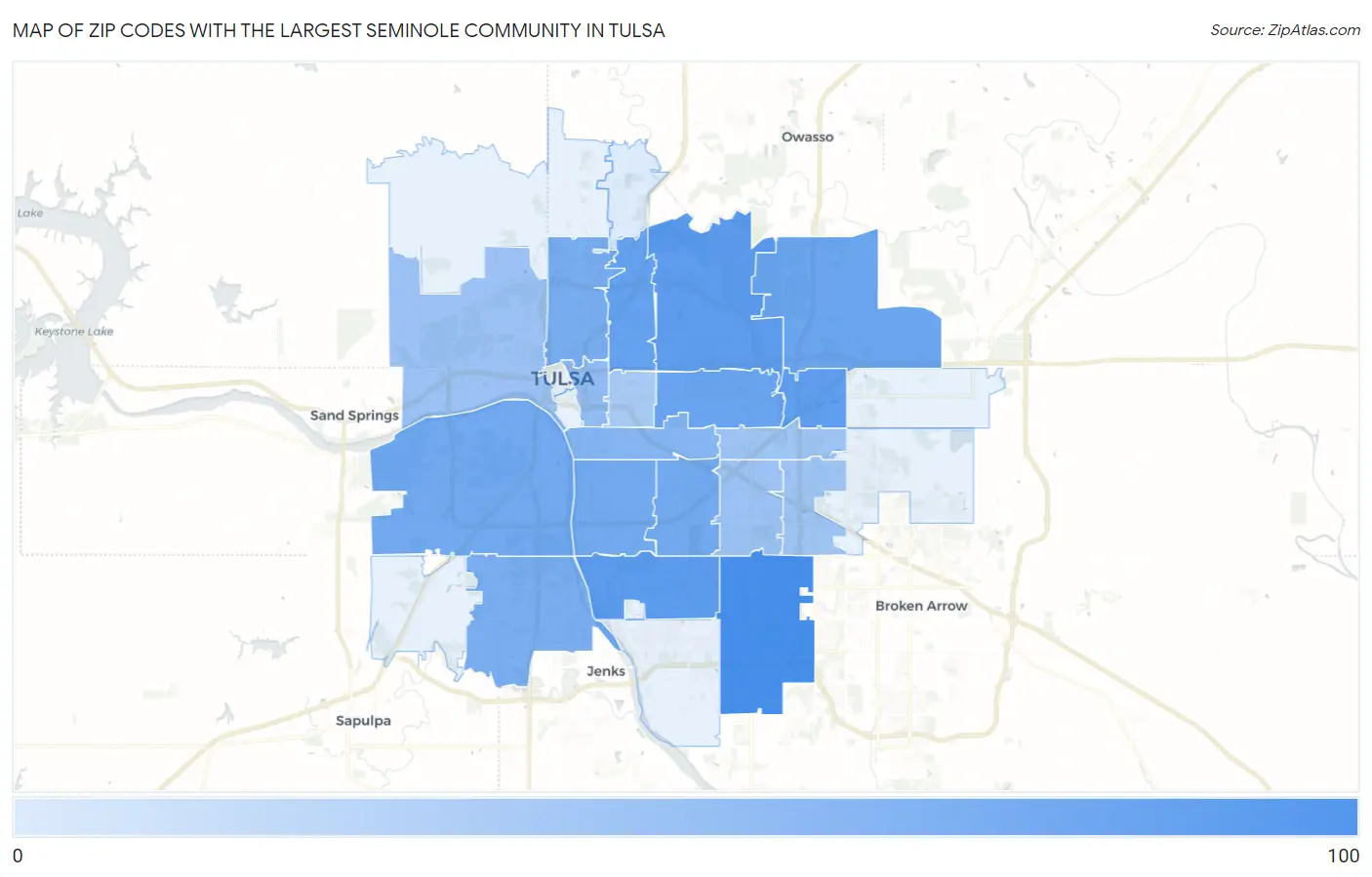 Zip Codes with the Largest Seminole Community in Tulsa Map