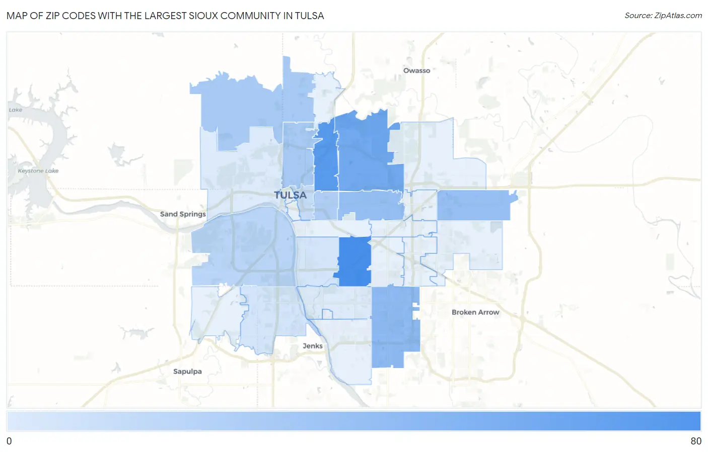 Zip Codes with the Largest Sioux Community in Tulsa Map