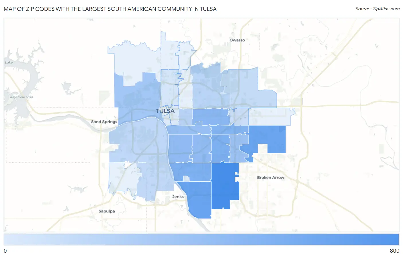 Zip Codes with the Largest South American Community in Tulsa Map