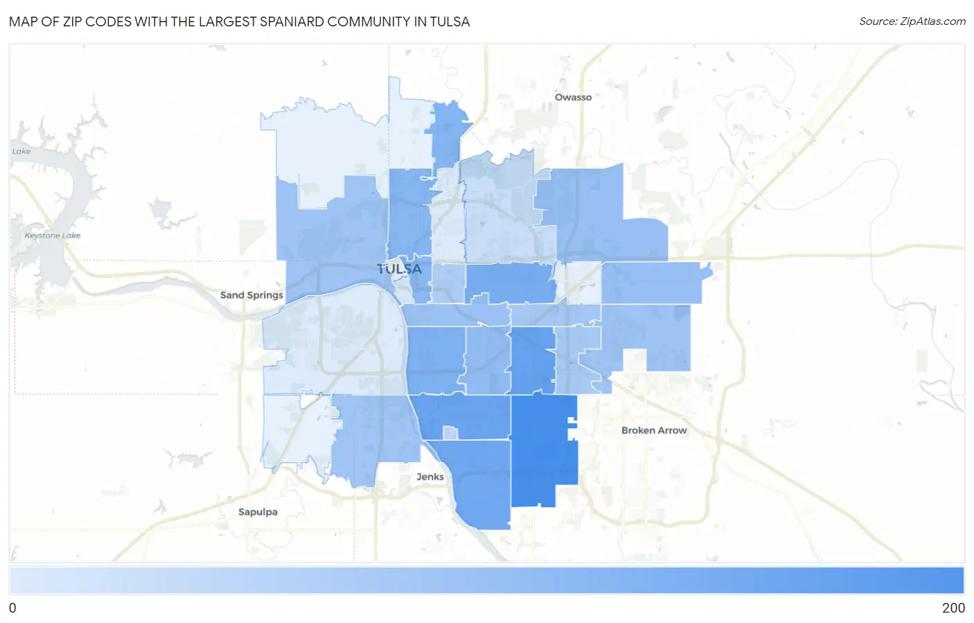 Zip Codes with the Largest Spaniard Community in Tulsa Map