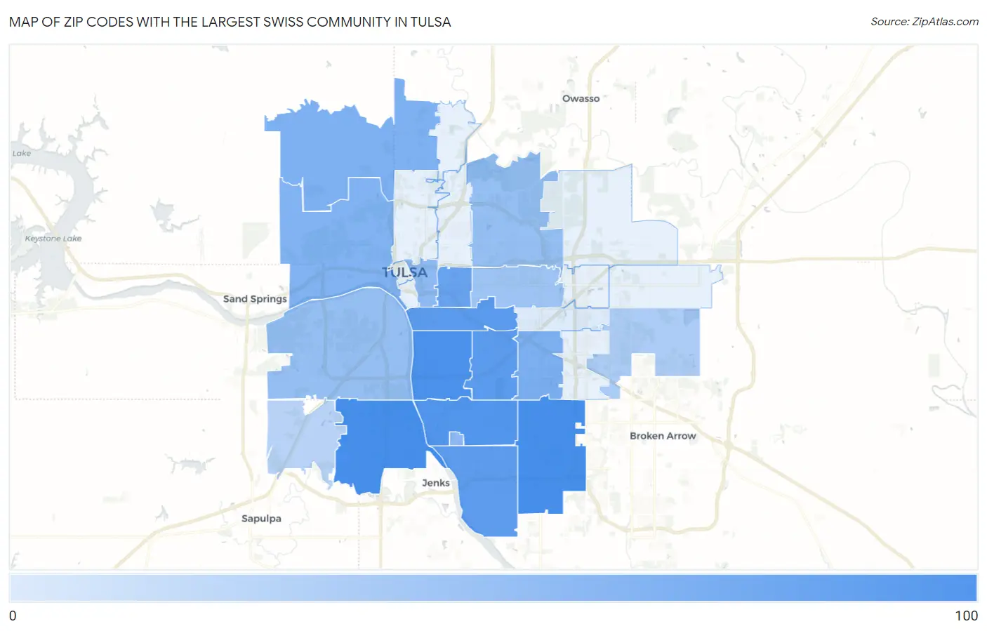 Zip Codes with the Largest Swiss Community in Tulsa Map