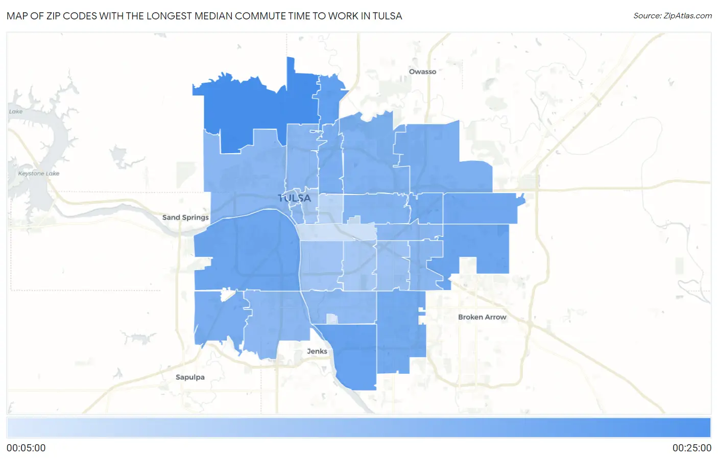 Zip Codes with the Longest Median Commute Time to Work in Tulsa Map