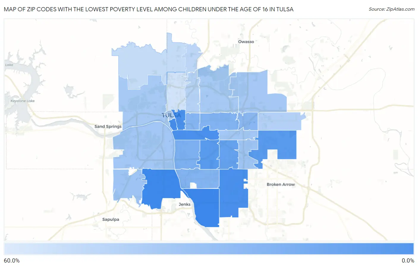 Zip Codes with the Lowest Poverty Level Among Children Under the Age of 16 in Tulsa Map