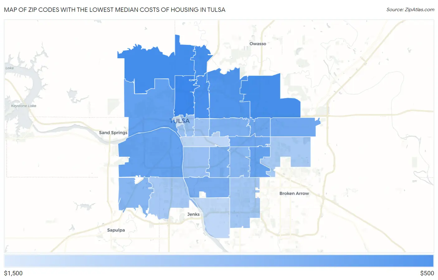 Zip Codes with the Lowest Median Costs of Housing in Tulsa Map
