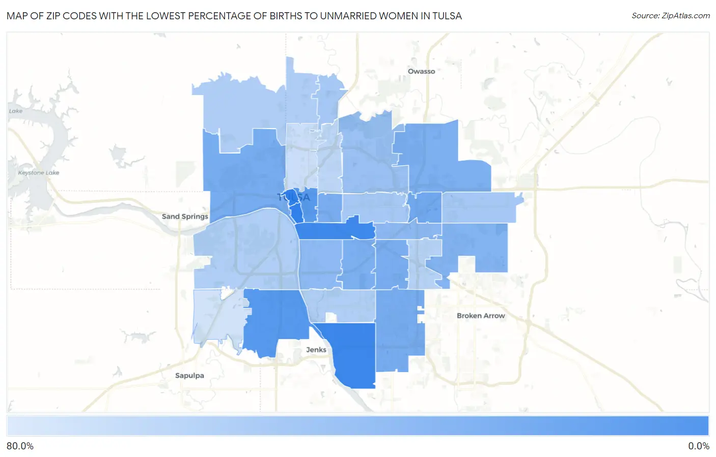 Zip Codes with the Lowest Percentage of Births to Unmarried Women in Tulsa Map