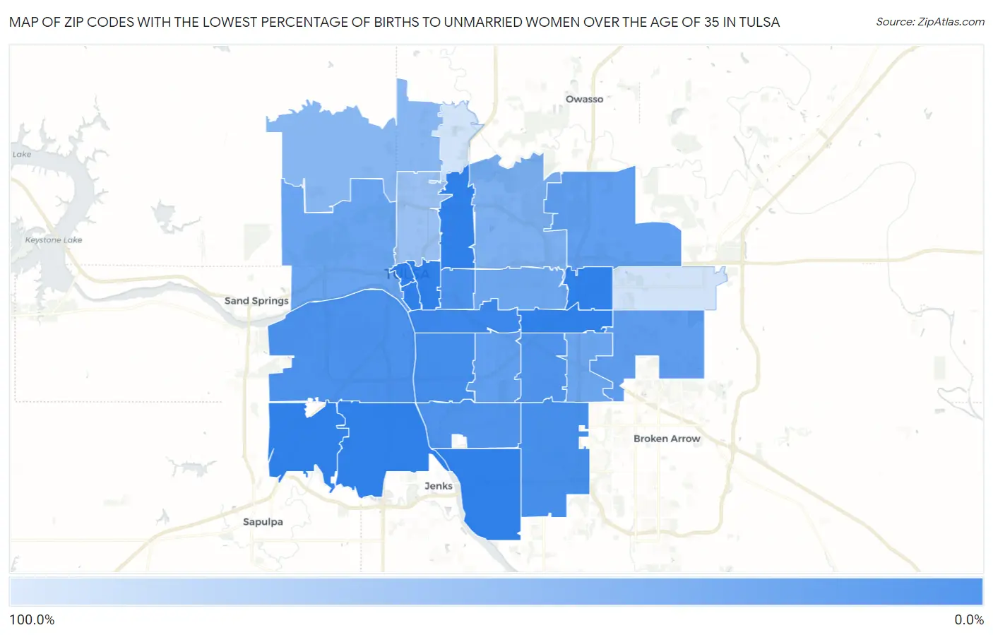 Zip Codes with the Lowest Percentage of Births to Unmarried Women over the Age of 35 in Tulsa Map