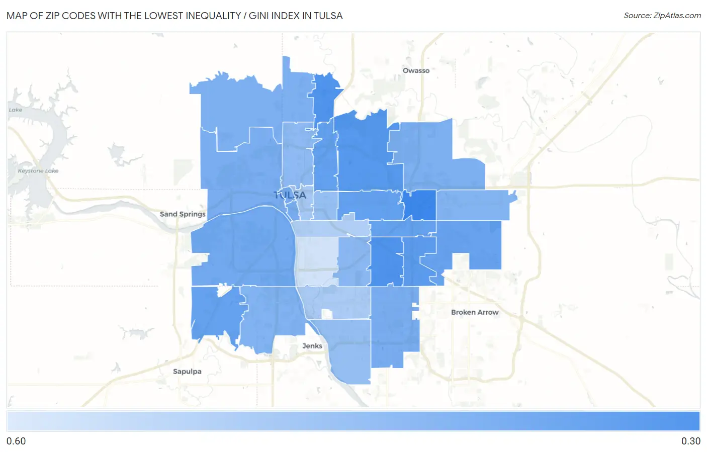 Zip Codes with the Lowest Inequality / Gini Index in Tulsa Map