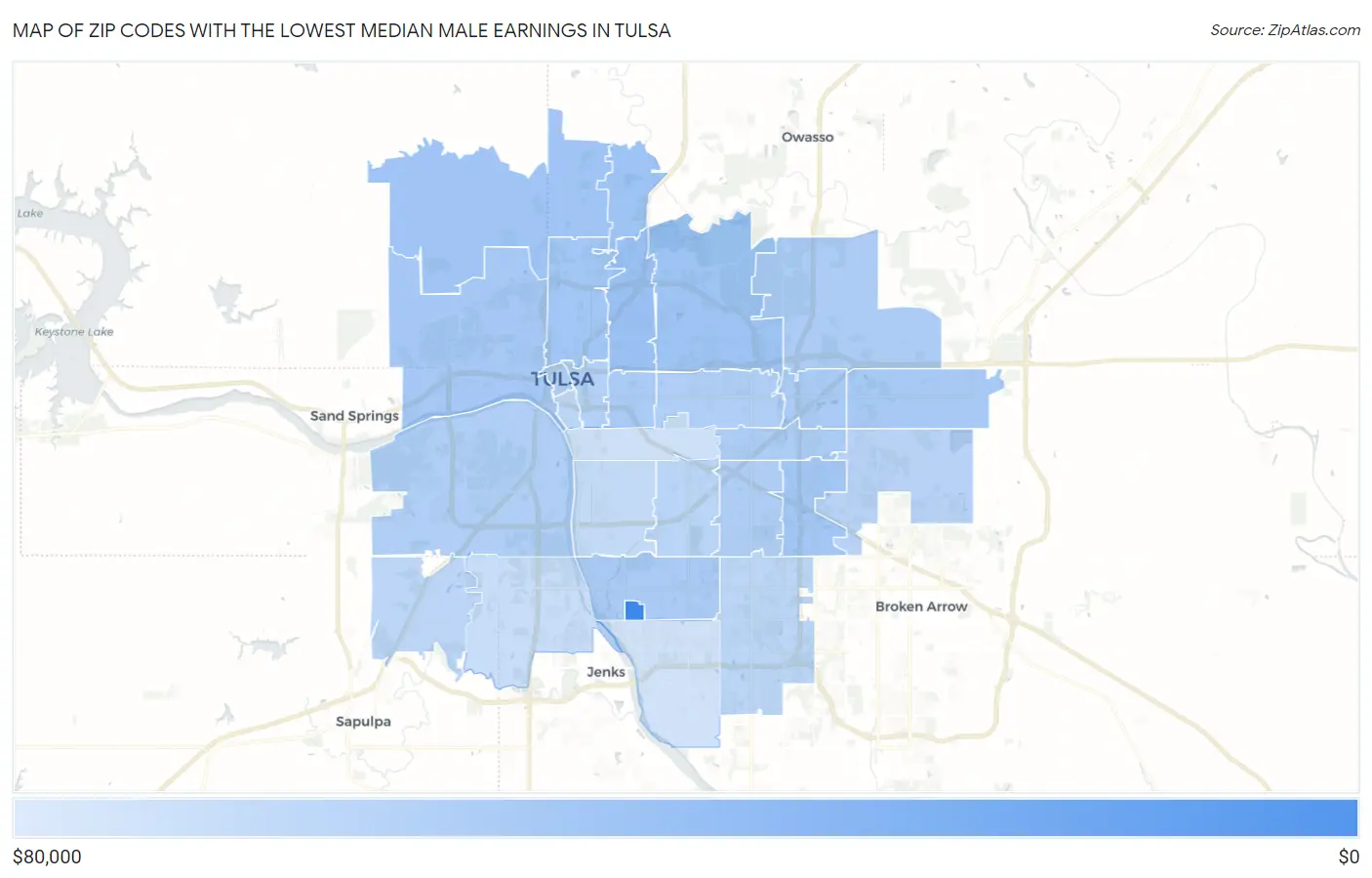 Zip Codes with the Lowest Median Male Earnings in Tulsa Map