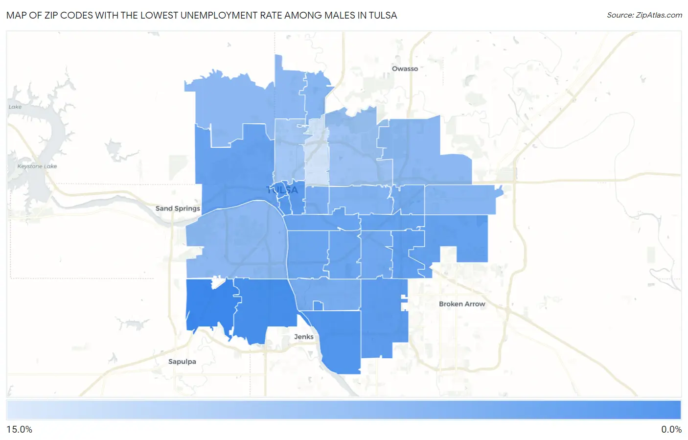 Zip Codes with the Lowest Unemployment Rate Among Males in Tulsa Map