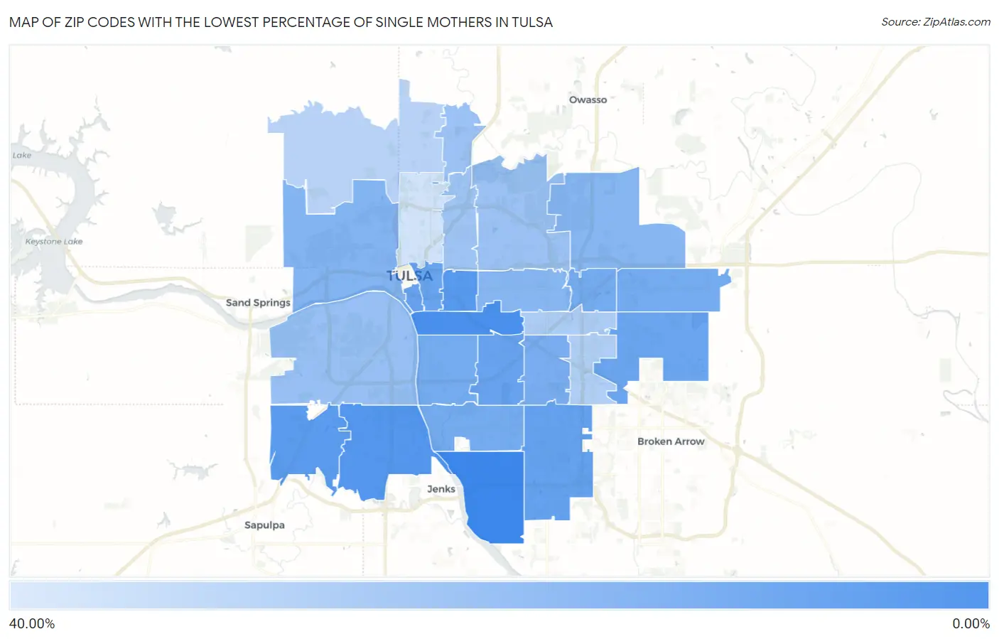 Zip Codes with the Lowest Percentage of Single Mothers in Tulsa Map