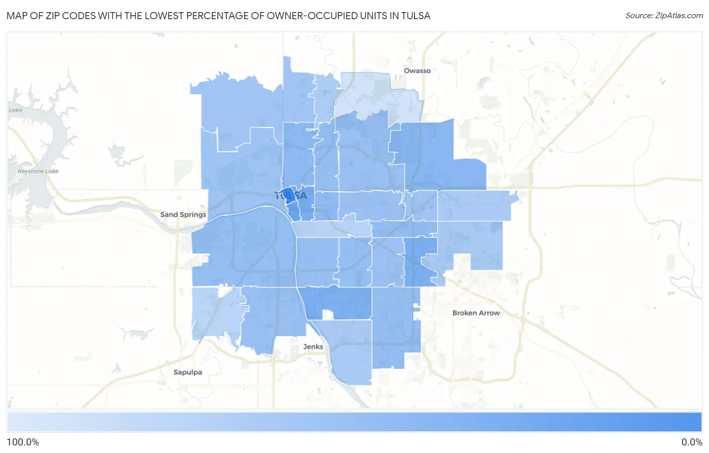 Zip Codes with the Lowest Percentage of Owner-Occupied Units in Tulsa Map
