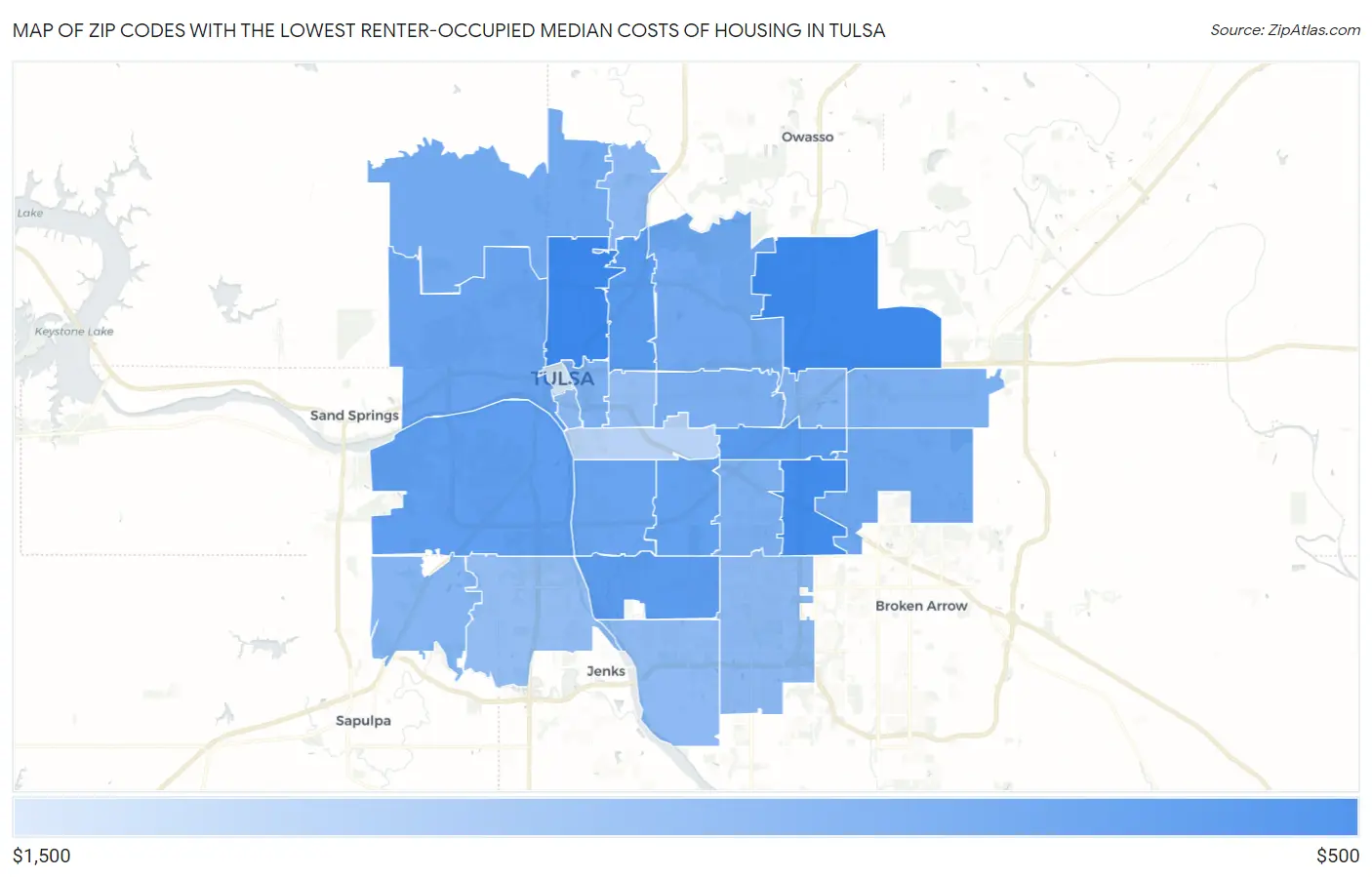 Zip Codes with the Lowest Renter-Occupied Median Costs of Housing in Tulsa Map