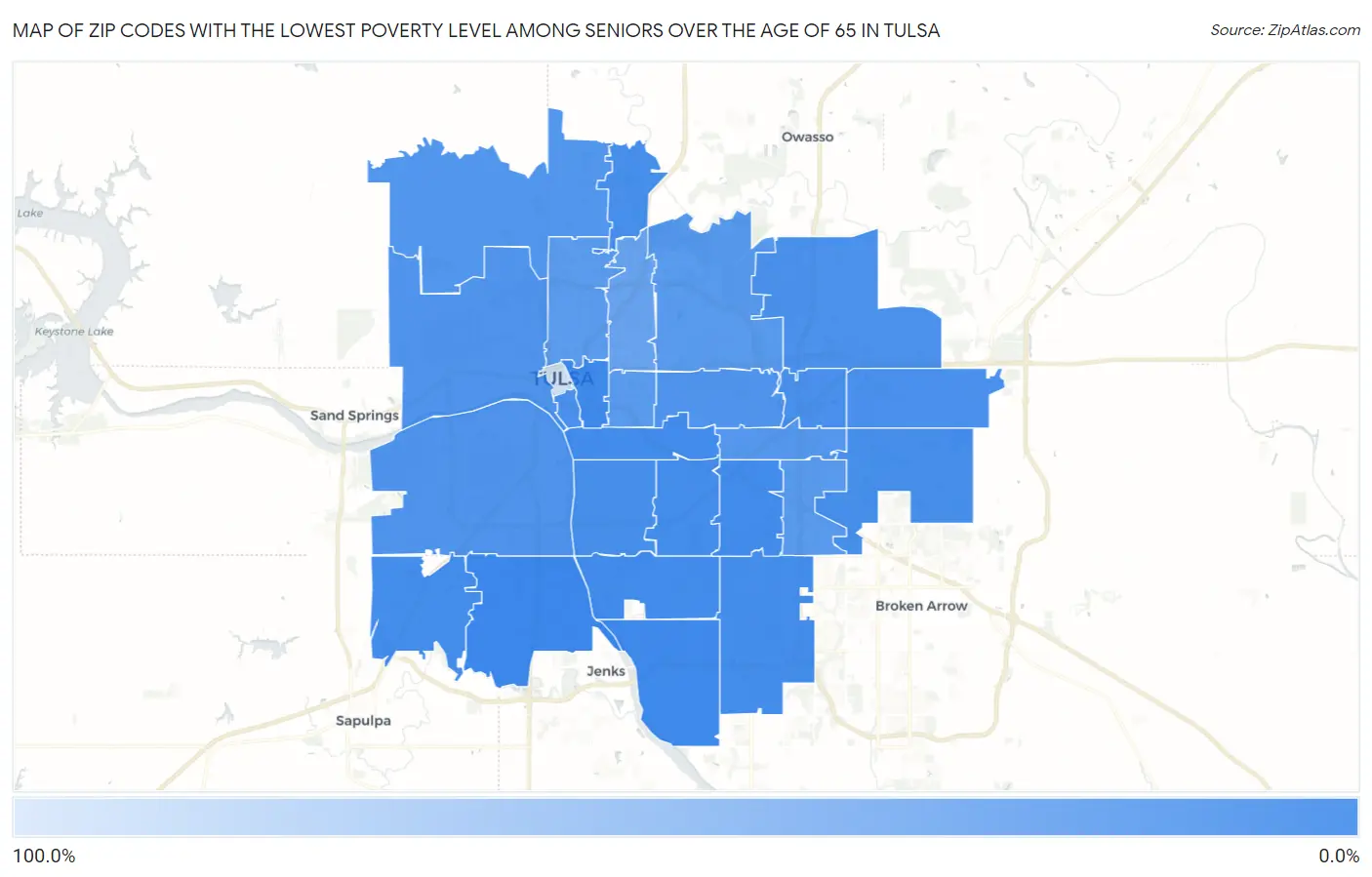 Zip Codes with the Lowest Poverty Level Among Seniors Over the Age of 65 in Tulsa Map